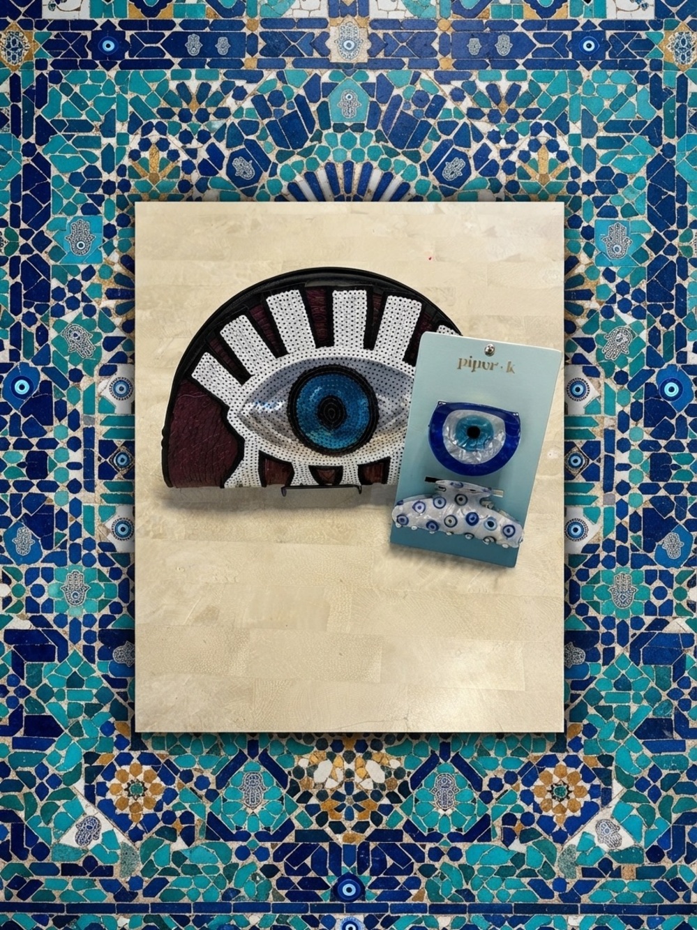 Evil Eye Sequin & Woven Plum Straw Clutch & Piper K Hair Clip Bundle Set
